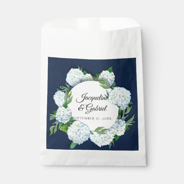 Elegante Navy Floral White Hydrangea Rustikale Hoc Geschenktütchen (Vorderseite)