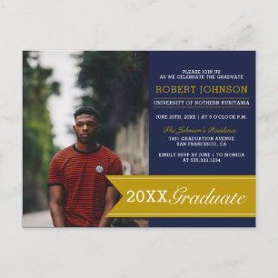 Elegante Navy & Gold Banner Foto Graduation Party Einladungspostkarte