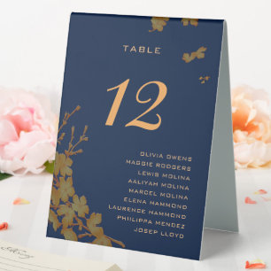 Elegante Navy Gold Blumen Gastnamen Tischnummer Tischaufsteller
