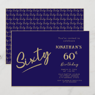 Elegante Navy-Gold-Bürstenschrift zum 60. Geburtst Einladung