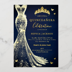 Elegante Navy Gold Butterfly Quinceanera Folieneinladung