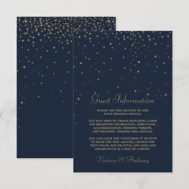 Elegante Navy & Gold Falling Stars - Hochzeitsdeta Begleitkarte (Vorne/Hinten)