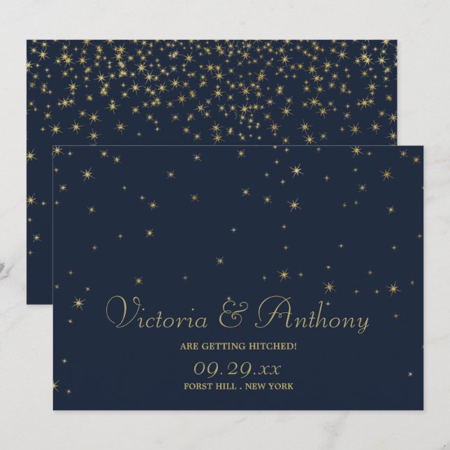Elegante Navy & Gold Falling Stars Save the Date (Vorne/Hinten)