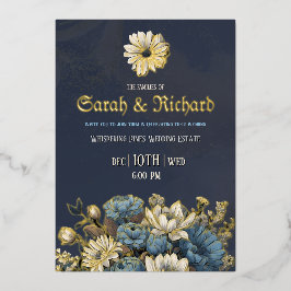 Elegante Navy Gold Foil Floral Einladung
