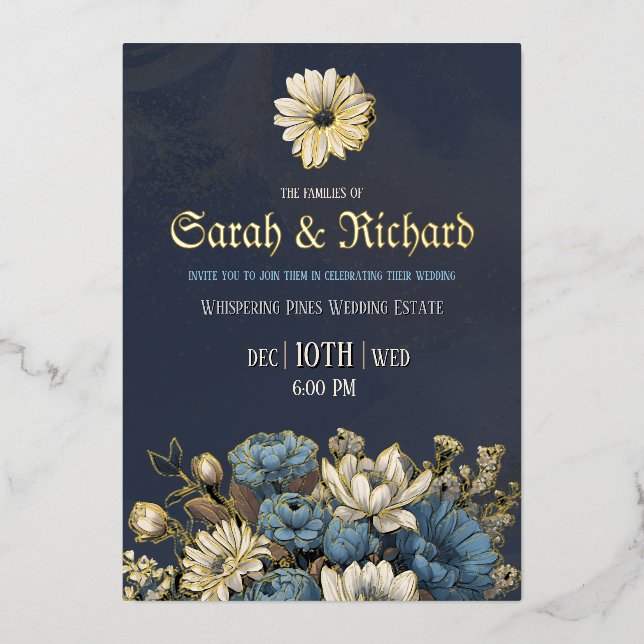 Elegante Navy Gold Foil Floral Einladung (Vorderseite)