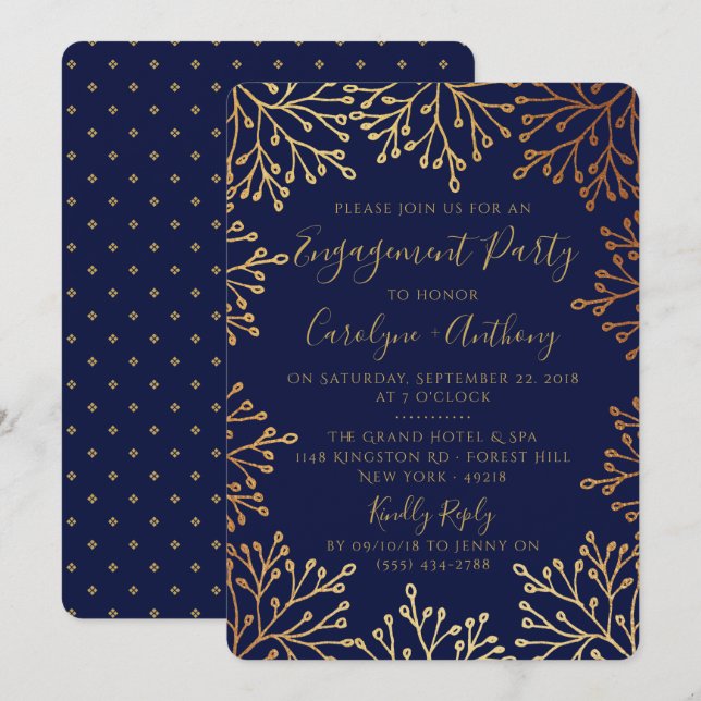 Elegante Navy & Gold Foil Floral Engagement Party Einladung (Vorne/Hinten)