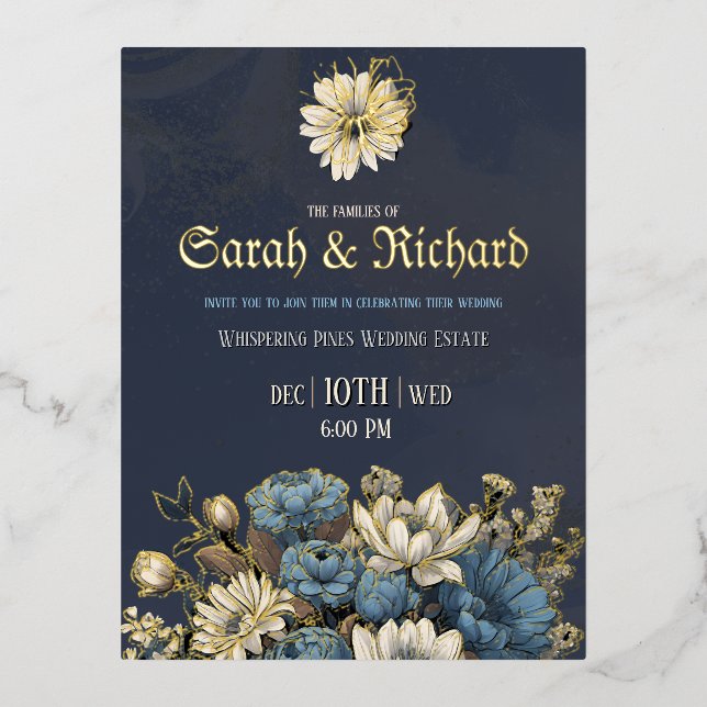 Elegante Navy Gold Foil Wedding Postcard Folie Einladungspostkarte (Vorderseite)