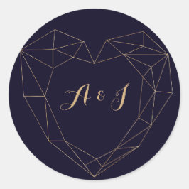 Elegante Navy Gold Geometric Heart Frame Wedding Runder Aufkleber