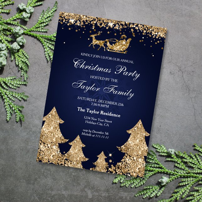 Elegante Navy Gold Glitzer Weihnachtsbaum Party Einladung (Von Creator hochgeladen)