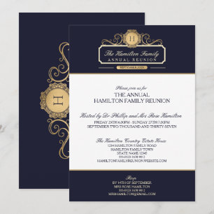 Elegante Navy Gold Monogram Wiedersehen Einladung