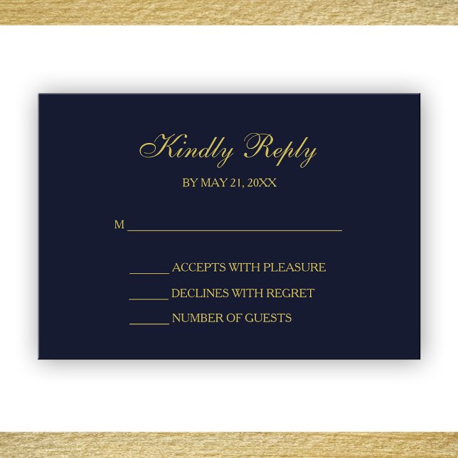Elegante Navy & Gold Script RSVP Cards Karte (Von Creator hochgeladen)