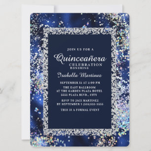 Elegante Navy Gold Silber Glitter Quinceañera Einladung