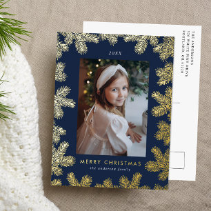Elegante Navy-Gold-Tannenrahmen-Foto Folien Feiertagspostkarte