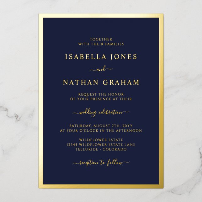 Elegante Navy Gold Wedding Folieneinladung (Vorderseite)