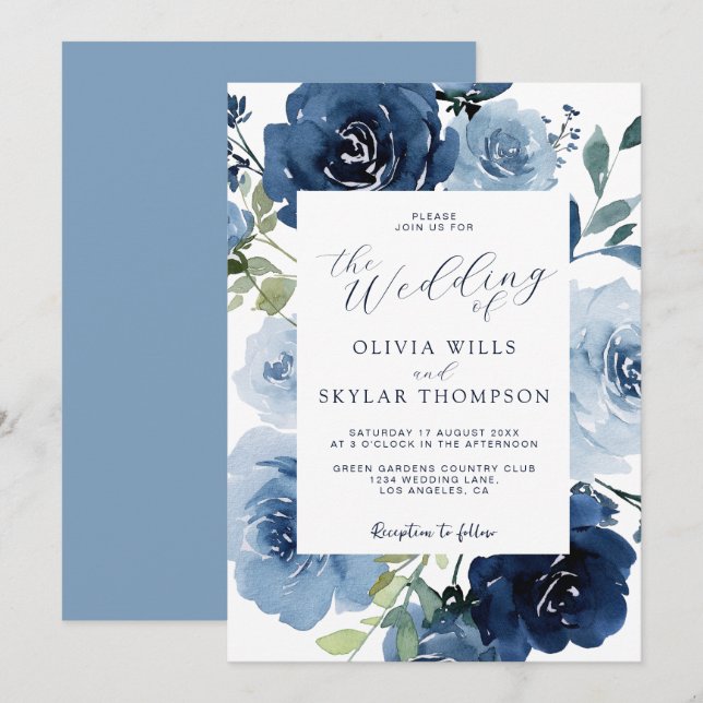 Elegante Navy Light Blue Dusty Blume Hochzeit Einladung (Vorne/Hinten)