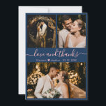Elegante Navy Pink 3 Foto Collage Wedding Dankeskarte<br><div class="desc">Modernes, elegantes "Liebe und Dank" Script Navy Wedding 3 Foto Collage Danke Karte. Stilvolle, schicke Hochzeitsvorlage mit drei (3) Foto auf der Vorderseite und einem (1) Foto auf der Rückseite. Mit dem Text "Liebe und Dank" Skript in einer Wirblen kursiven Hand gezeichnet Typografie Swash-Schwanz Schriftart in rosa Farbe auf dunkelmarineblau...</div>