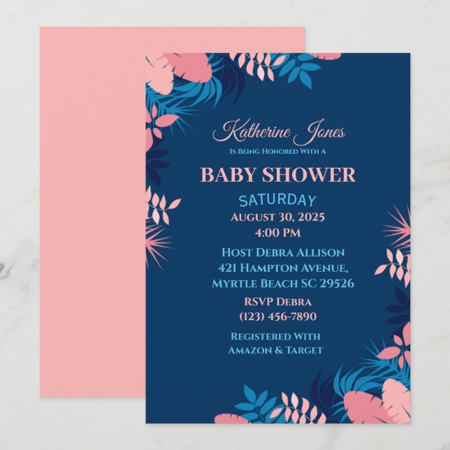Elegante Navy Pink Floral Baby Dusche Einladung (Vorne/Hinten)