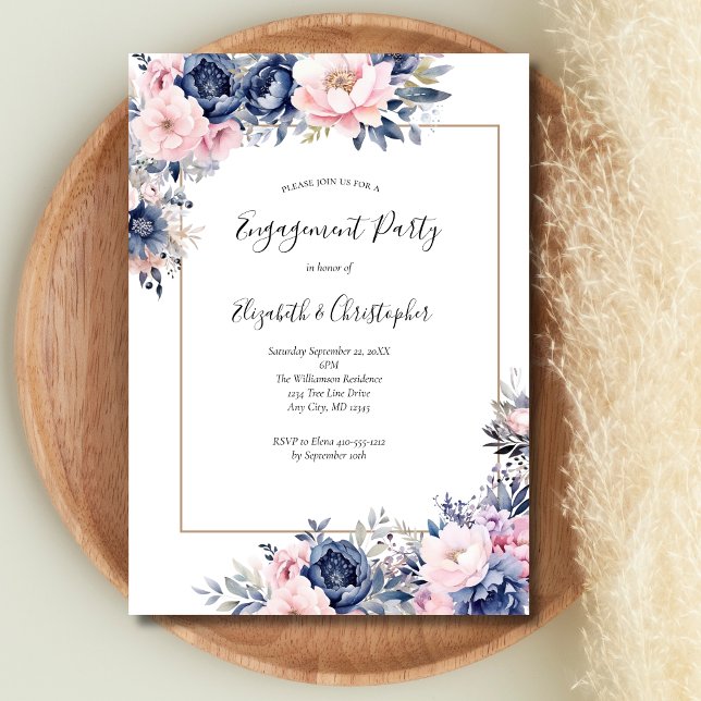 Elegante Navy Pink Floral Engagement Party Einladung (Navy blue and pink floral elegant engagement party invitation)