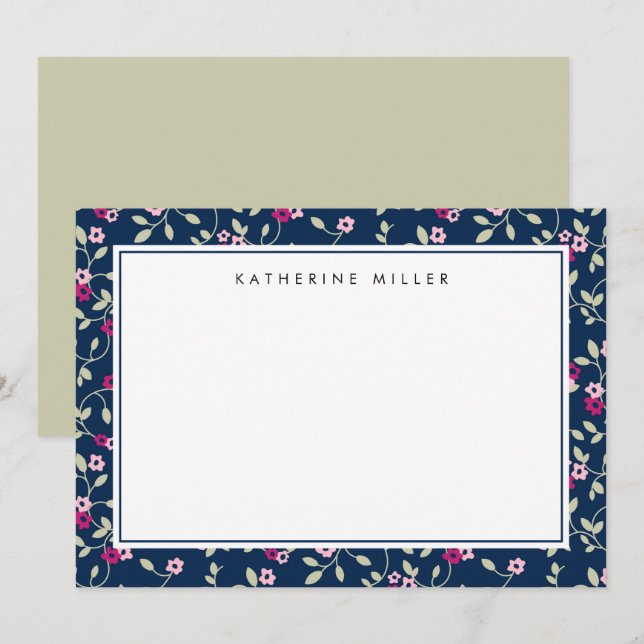 Elegante Navy Pink Floral Muster Note Card Mitteilungskarte (Vorne/Hinten)