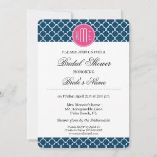 Elegante Navy-Quatrefolie mit rosa Monogramm Einladung