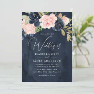 Elegante Navy-Rosa Florale Hochzeit  Einladung