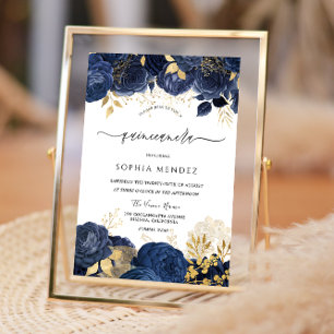 Elegante Navy Rose Gold Blatt Quinceanera Party In Einladung