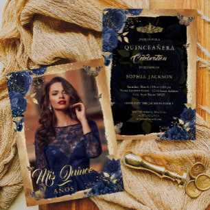 Elegante Navy Rose Gold Floral Foto Quinceanera Folieneinladung