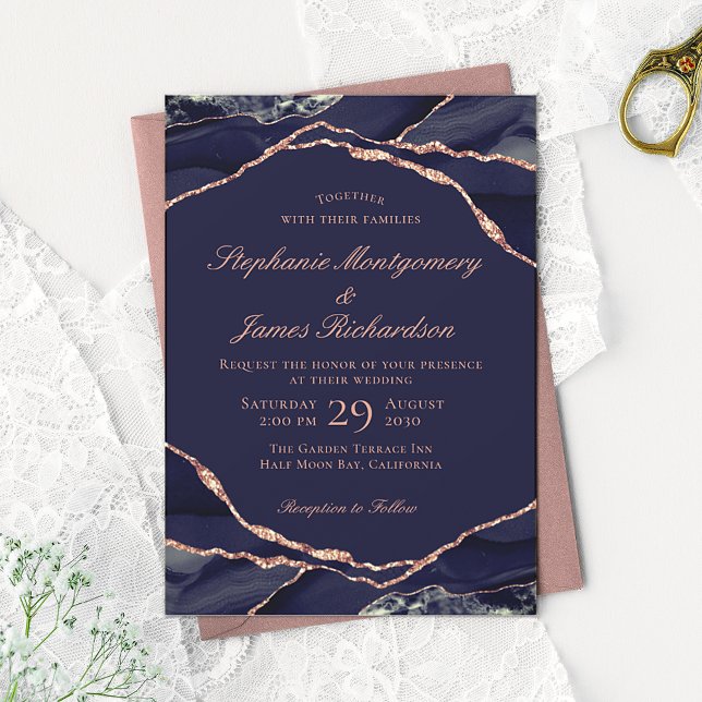 Elegante Navy Rose Gold Foil Agate Wedding Einladung (Von Creator hochgeladen)