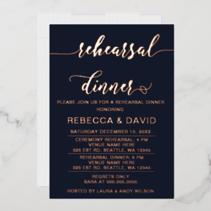 Elegante Navy Rose Gold Script Probe Dinner  Folieneinladung