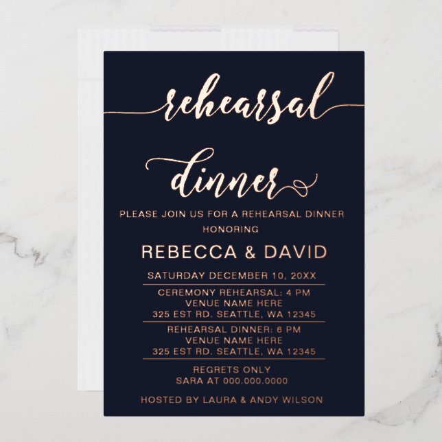 Elegante Navy Rose Gold Script Probe Dinner Folieneinladung (Briefumschlag)