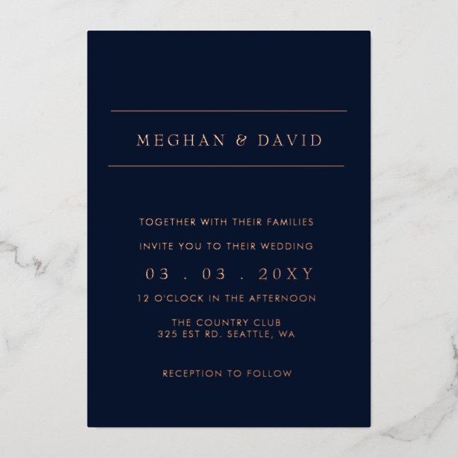 Elegante Navy Rose Gold Wedding Foil Einladung (Vorderseite)