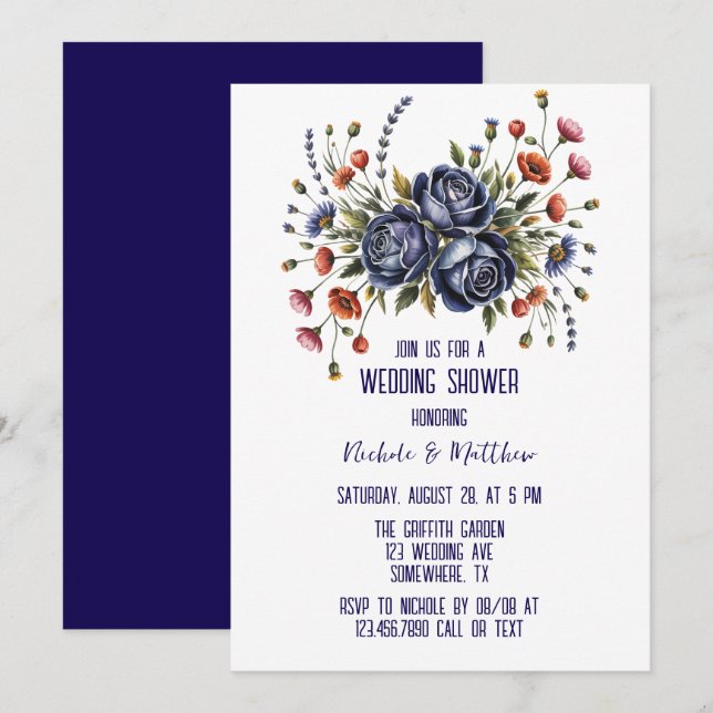 Elegante Navy Rose und Terracotta Florals Wedding Einladung (Vorne/Hinten)