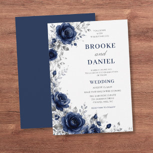 Elegante Navy-Rosen-Silber-Halbmond-Hochzeit Einladung