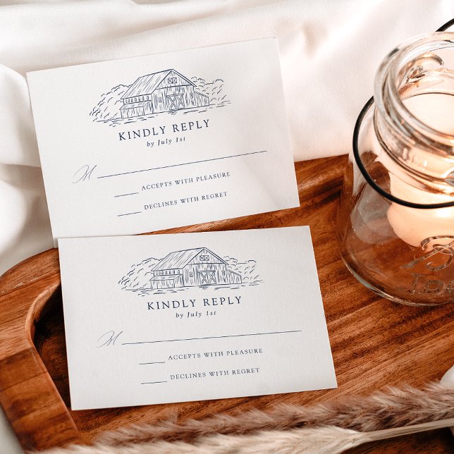 Elegante Navy Rustic Barn Wedding RSVP Karte (Von Creator hochgeladen)