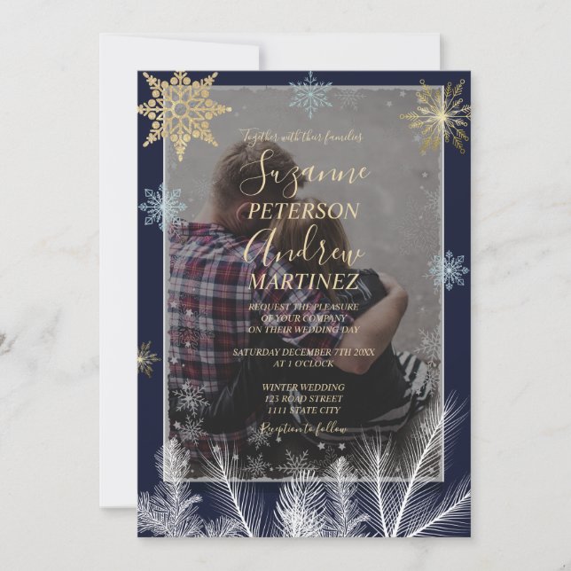 Elegante Navy Rustikale Winterschneeflocken Hochze Einladung (Vorderseite)