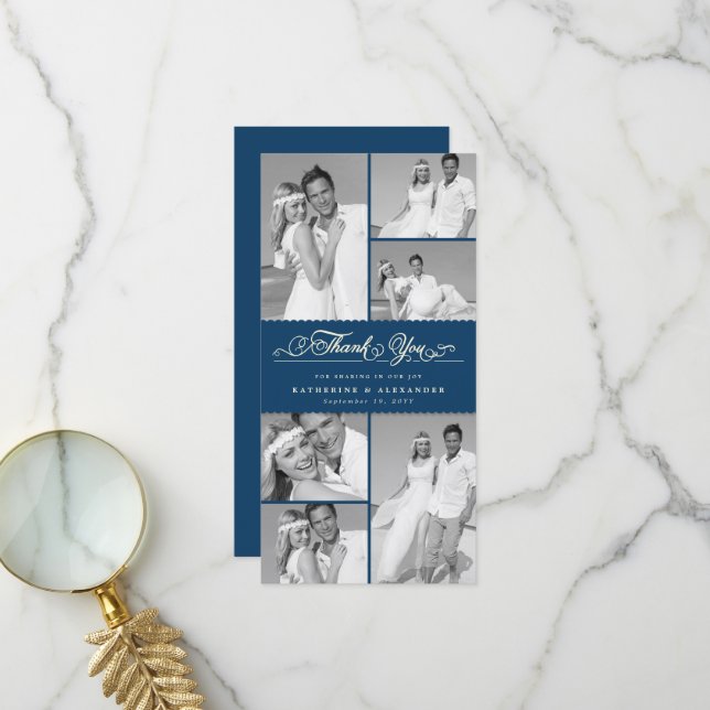 Elegante Navy-Scalloped Band 6 Foto Chic Wedding Dankeskarte (Vorderseite/Rückseite Beispiel)
