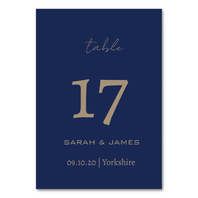 Elegante Navy Script Custom Tischnummer Card (Vorderseite)