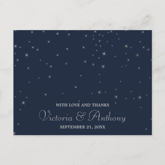 Elegante Navy & Silver Falling Stars Hochzeit Dank Postkarte (Vorderseite)