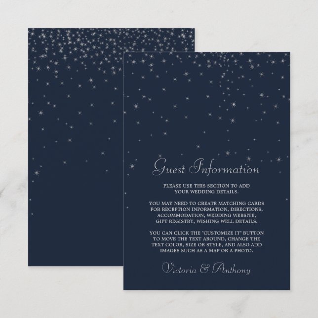 Elegante Navy & Silver Falling Stars Hochzeitsdeta Begleitkarte (Vorne/Hinten)