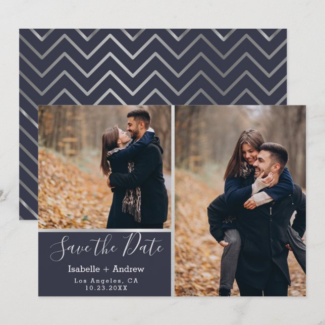 Elegante Navy Silver Foto Collage Save the Date (Vorne/Hinten)