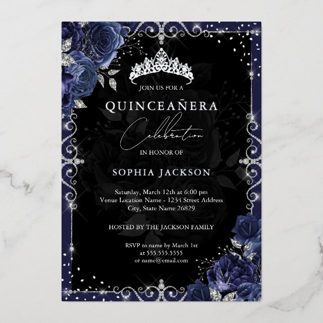 Elegante Navy Silver Rose Quinceanera Folieneinladung (Vorderseite)