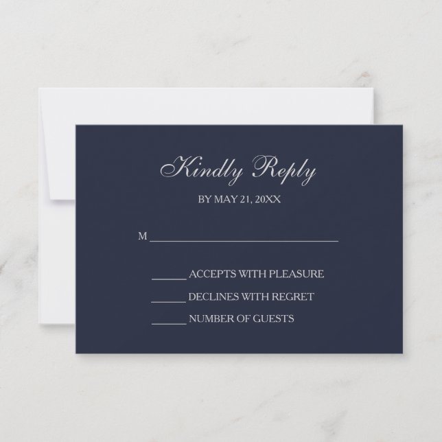 Elegante Navy & Silver Script RSVP Cards Karte (Vorderseite)