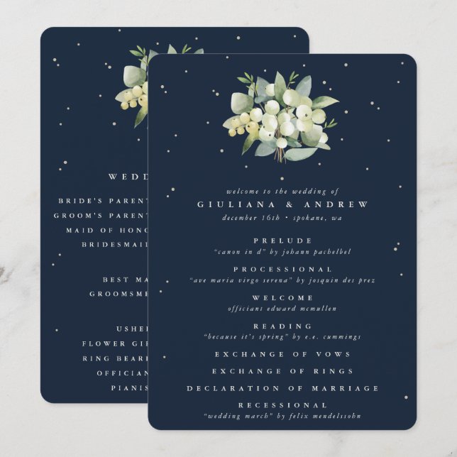 Elegante Navy Snowberry+Eucalyptus Bouquet Wedding Programm (Vorne/Hinten)