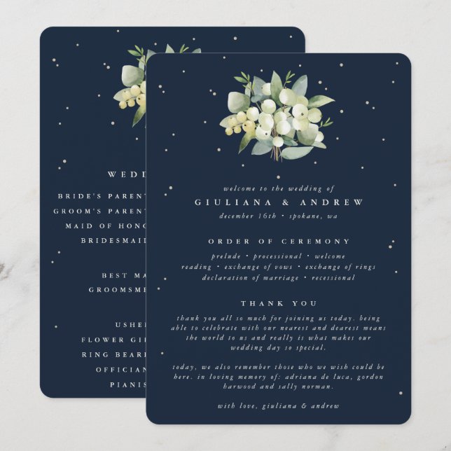 Elegante Navy Snowberry+Eucalyptus Bouquet Wedding Programm (Vorne/Hinten)