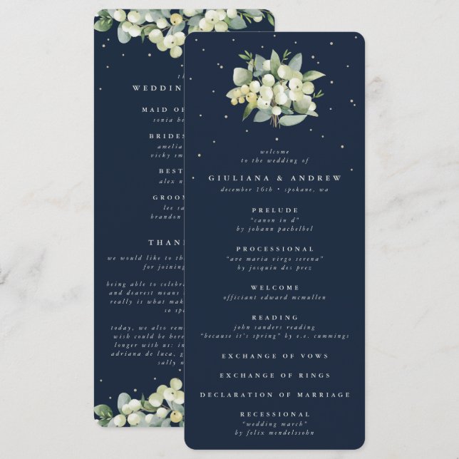 Elegante Navy Snowberry+Eucalyptus Bouquet Wedding Programm (Vorne/Hinten)