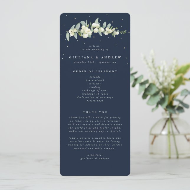 Elegante Navy Snowberry+Eucalyptus Stem Wedding Programm (Stehend Vorderseite)