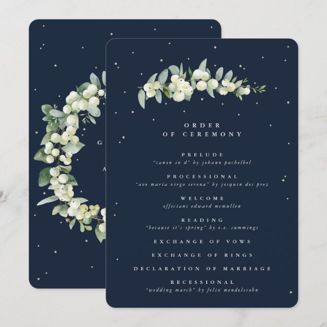 Elegante Navy Snowberry+Eucalyptus Stem Wedding Programm (Vorne/Hinten)