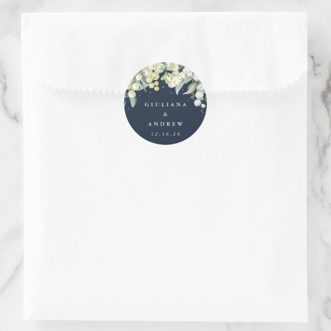 Elegante Navy Snowberry+Eucalyptus Wedding Runder Aufkleber (Tasche)