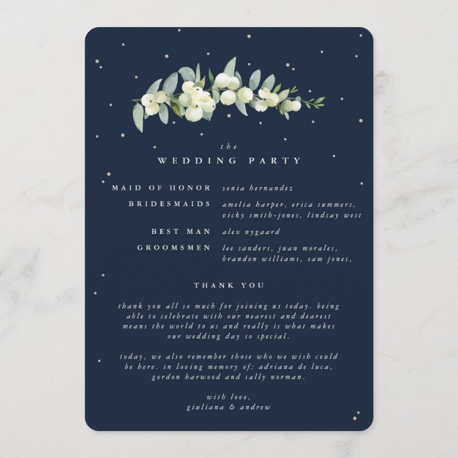 Elegante Navy Snowberry+Eucalyptus Winter Wedding Programm (Rückseite)