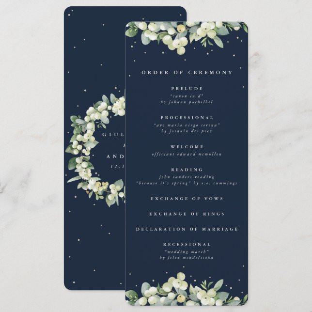 Elegante Navy Snowberry+Eucalyptus Winter Wedding Programm (Vorne/Hinten)